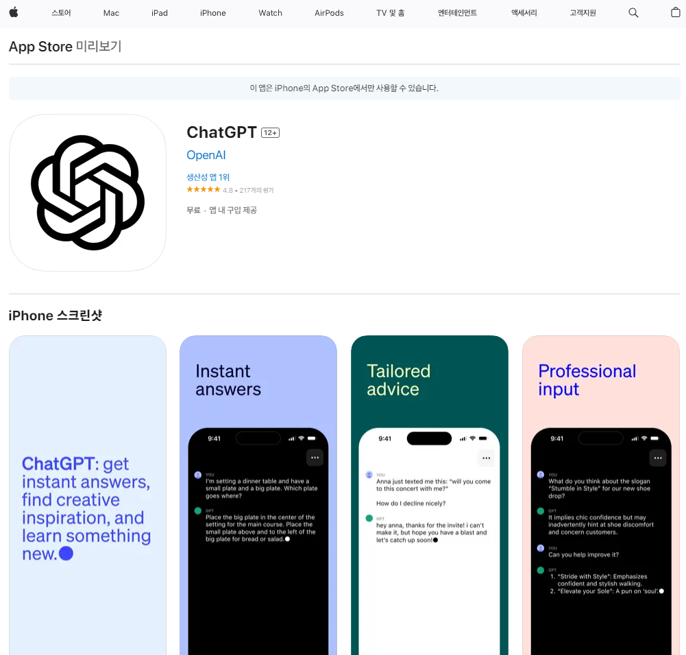 IOS CHAT GPT 접속 페이지