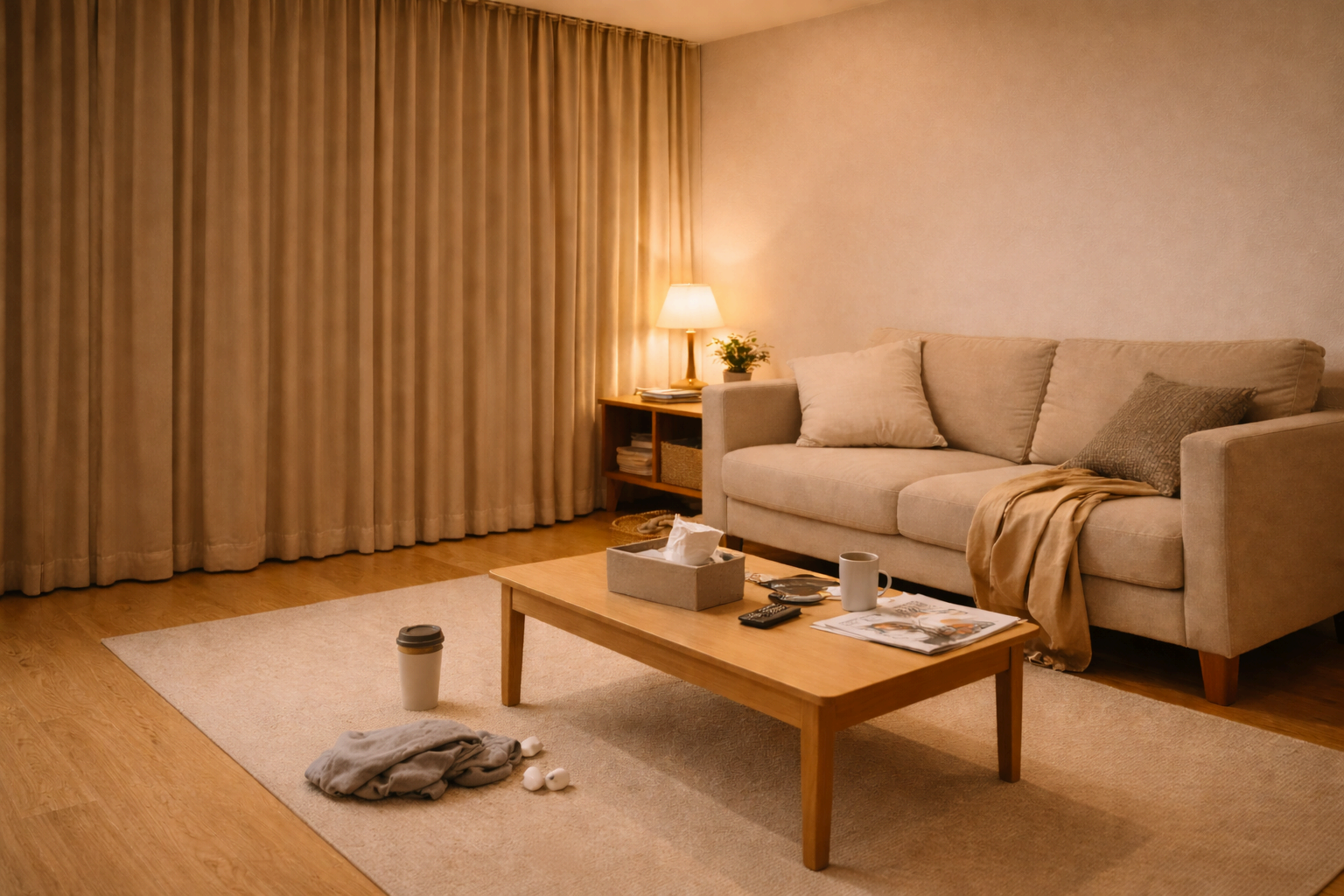 낮에도 조명을 켜 둔 답답한 실내 풍수 환경