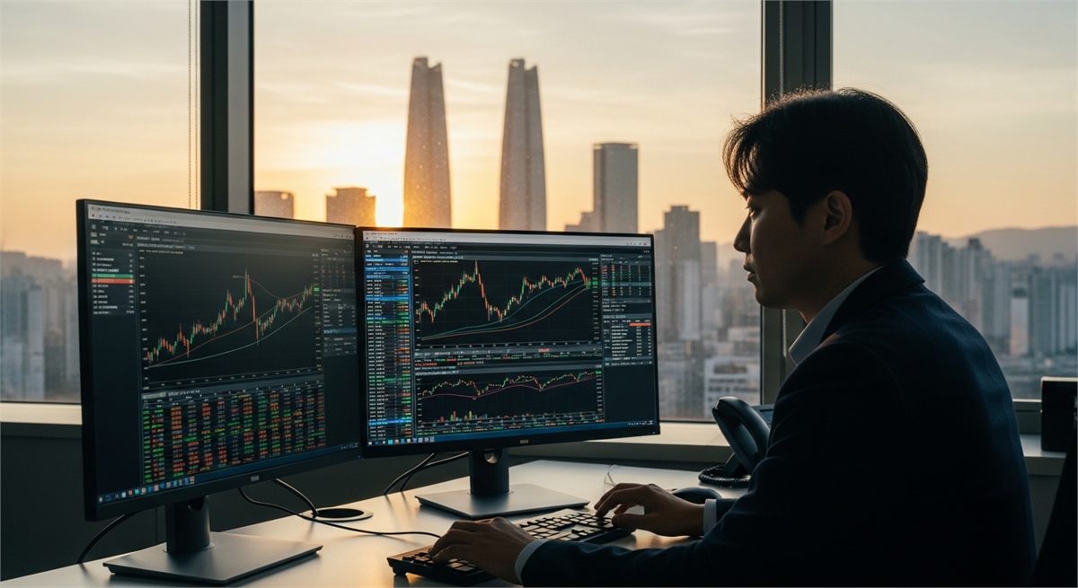 서울 사무실에서 시장 흐름을 점검하는 직장인 투자자 