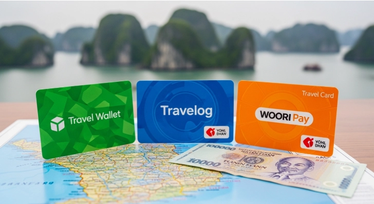 베트남 지도와 베트남 동 지폐 옆에 여러 트래블카드가 놓여 있어 카드 비교의 중요성을 나타냅니다.