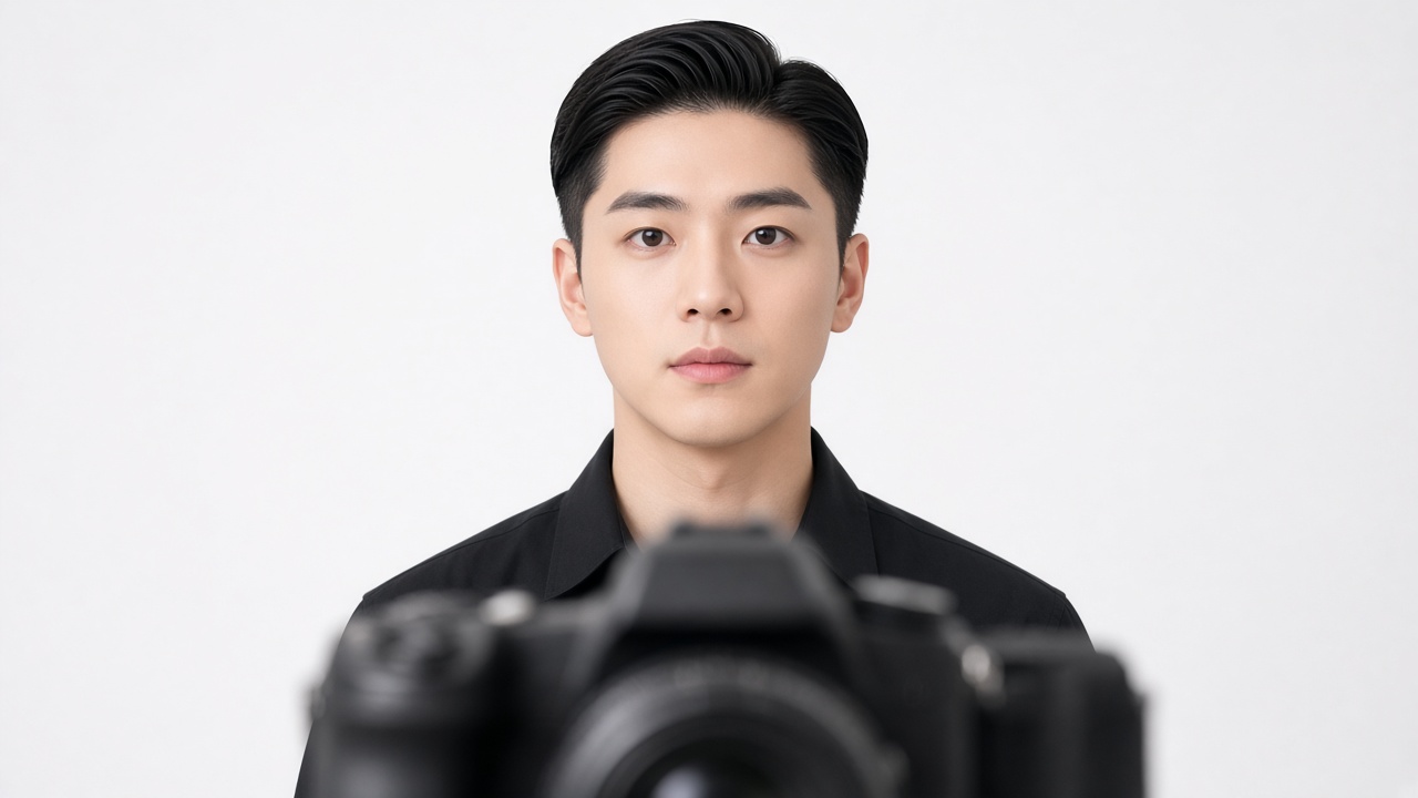 사진관에서 정면을 보고 증명사진을 찍는 20대 한국인 남성