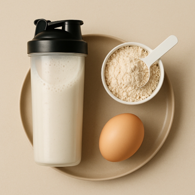 단백질 셰이크가 담긴 투명한 보틀, 계란, 그리고 스쿱이 담긴 분말 단백질 용기가 베이지색 접시 위에 정갈하게 놓여 있는 상단 뷰 이미지