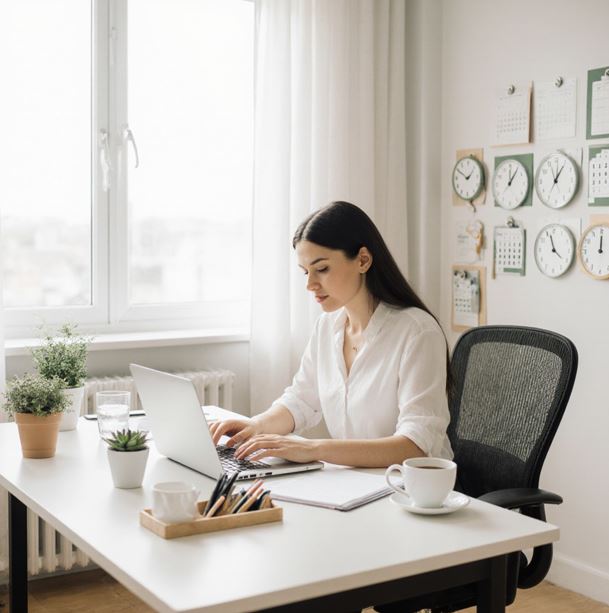 깔끔하게 정리된 균형잡힌 사무실에서 차분하게 일하고 있는 사람의 모습