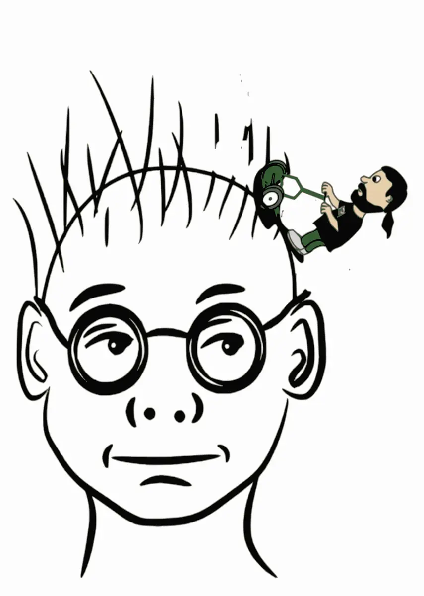 안경-쓴-남성의 머리카락을-잔디처럼-깎고-있는-캐릭터를-묘사한 유머러스한-일러스트