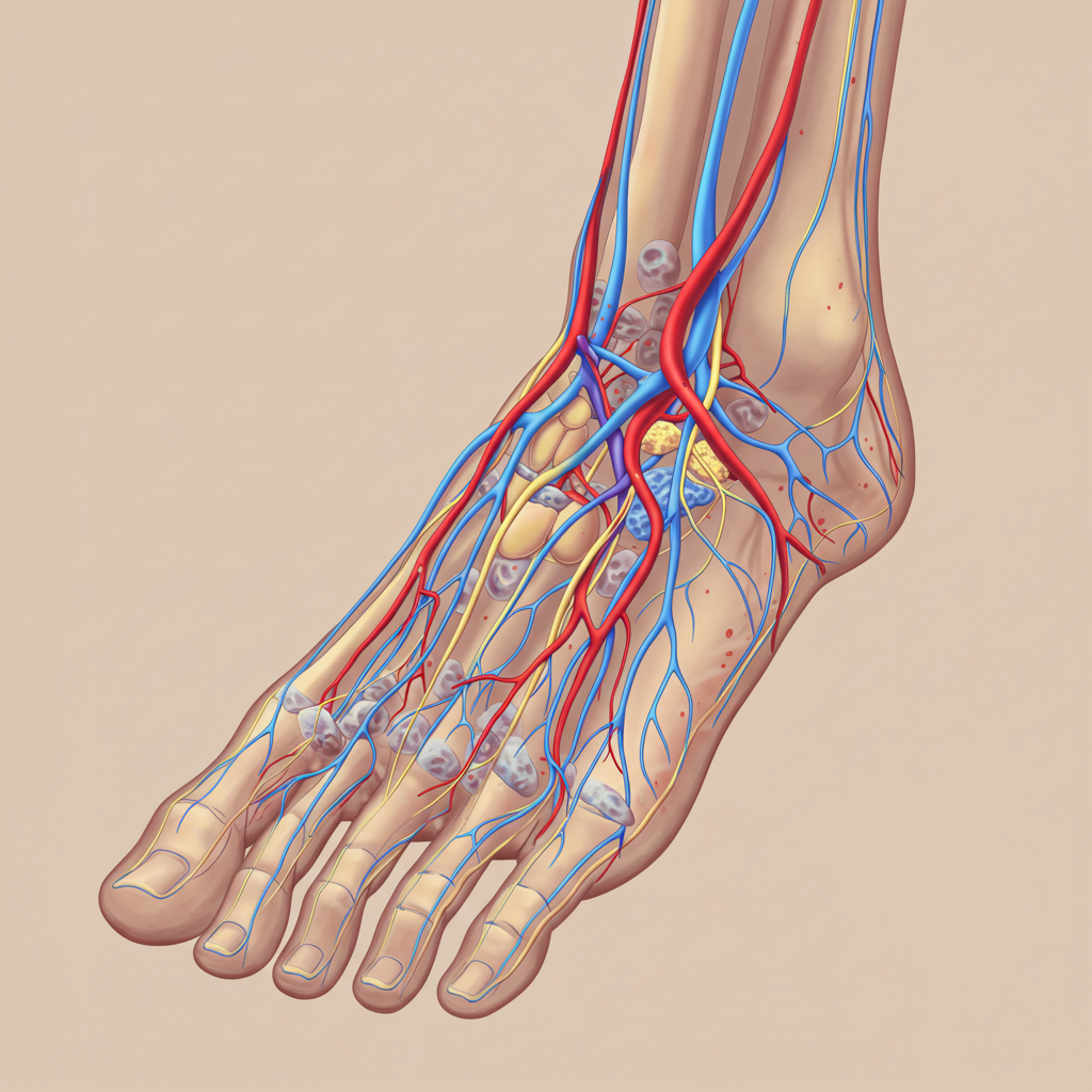 사람 발의 신경과 혈관을 보여주는 의료 일러스트. 일부가 손상되어 당뇨병성 신경병증과 혈관 질환을 상징.