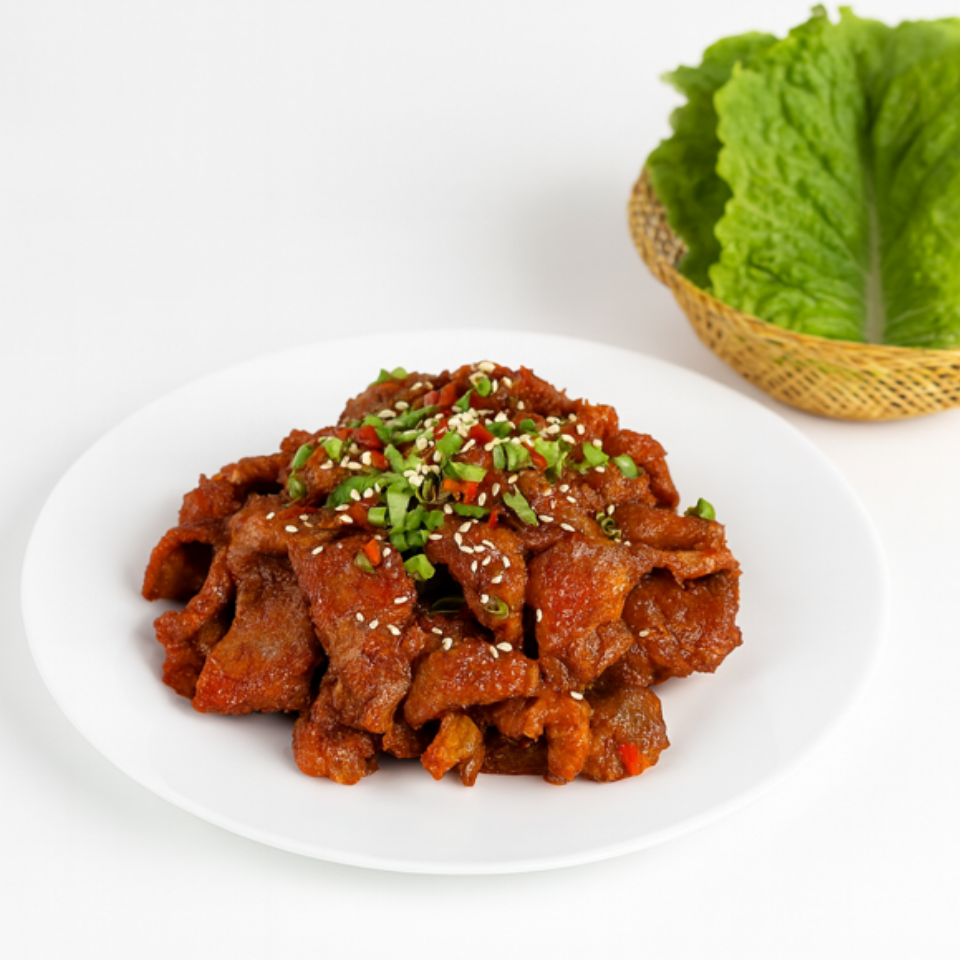 하얀 접시에 담긴 제육볶음과 옆에 상추가 담긴 소쿠리