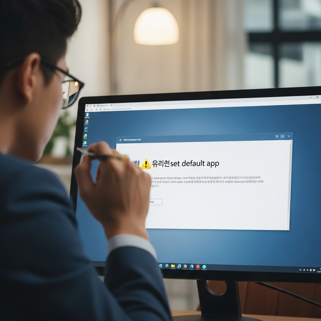 컴퓨터 화면에 '기본 앱을 설정할 수 없습니다'라는 오류 메시지가 떠 있는 모습과 이를 보며 답답해하는 사람의 손. 문제 해결을 위한 집중적인 분위기.