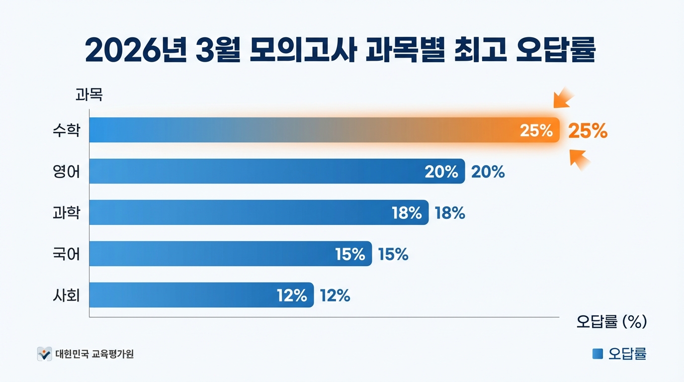 2026년 3월 모의고사 국어, 수학 영역별 오답률 상위 5개 문항을 비교한 인포그래픽 데이터