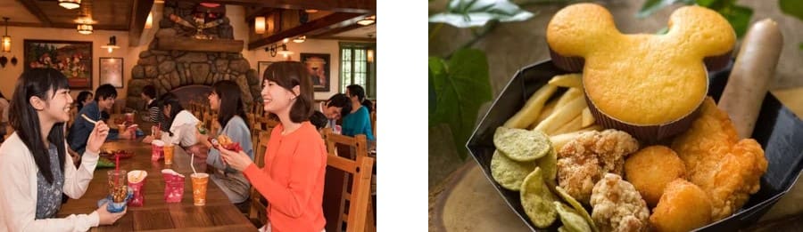 갈색톤의 실내에 사람들이 테이블에 앉아서 음식을 먹고 있다.