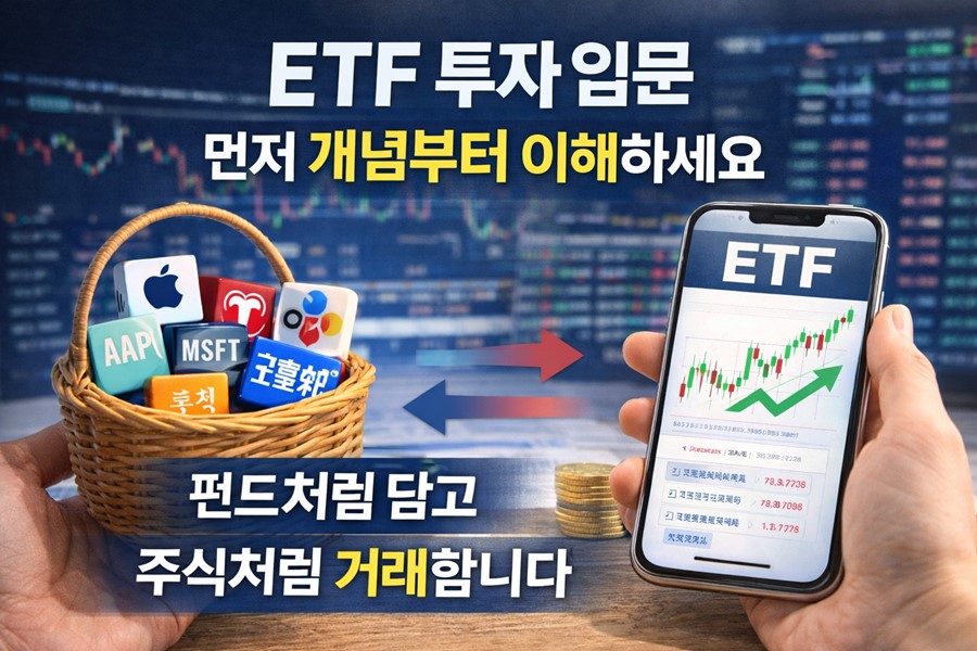 ETF가 여러 자산을 담는 펀드이면서도 주식처럼 거래소에서 사고팔 수 있는 상품이라는 개념을 설명하는 이미지