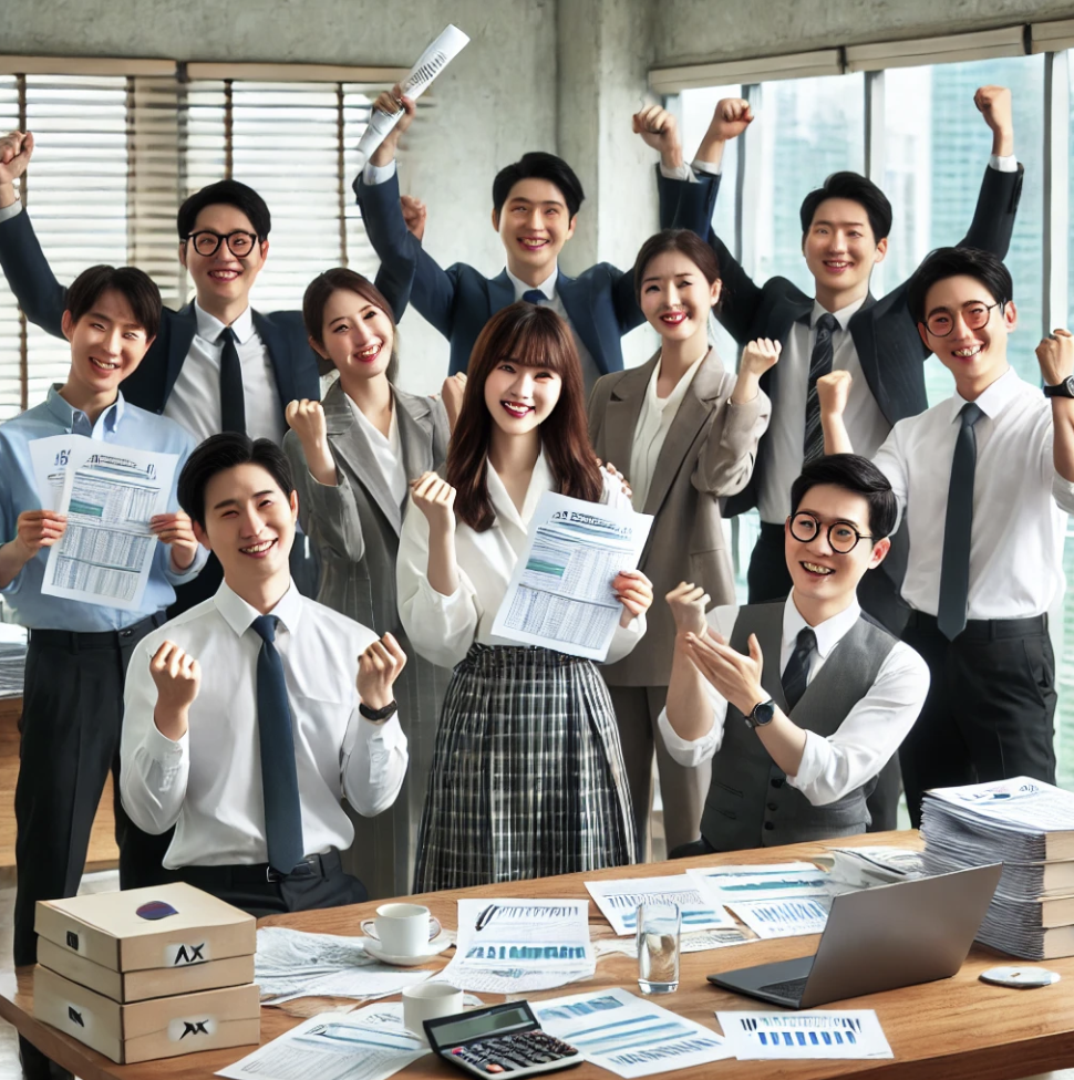 세금 절감 성공후 기뻐하는 직장인들