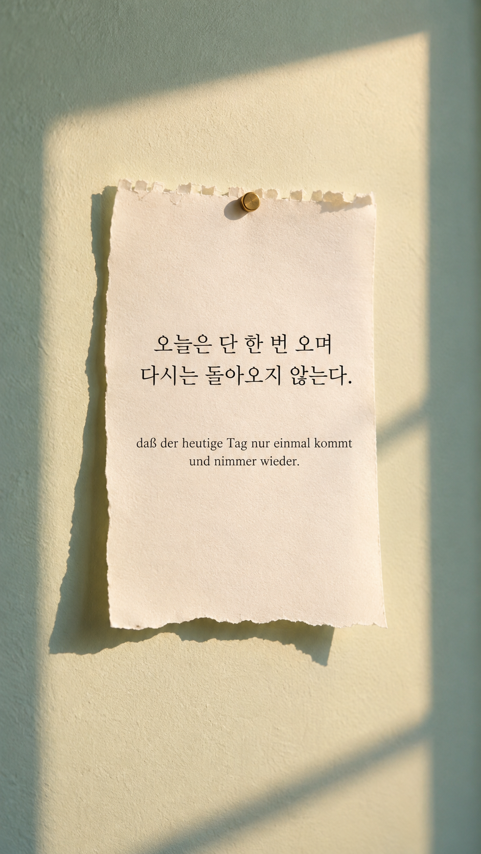 쇼펜하우어 명언 8 오늘은 단 한 번 오며 다시는 돌아오지 않는다. 뜯겨 나온 달력 한 장과 벽의 사각 햇빛 배경의 한글&middot;독일어 이미지