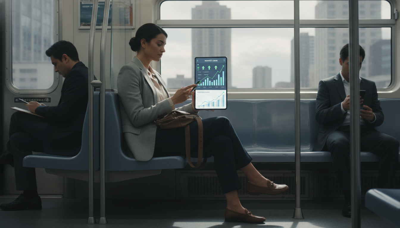 지하철 출퇴근길에 스마트폰으로 주식 앱을 확인하는 2030 직장인 투자자