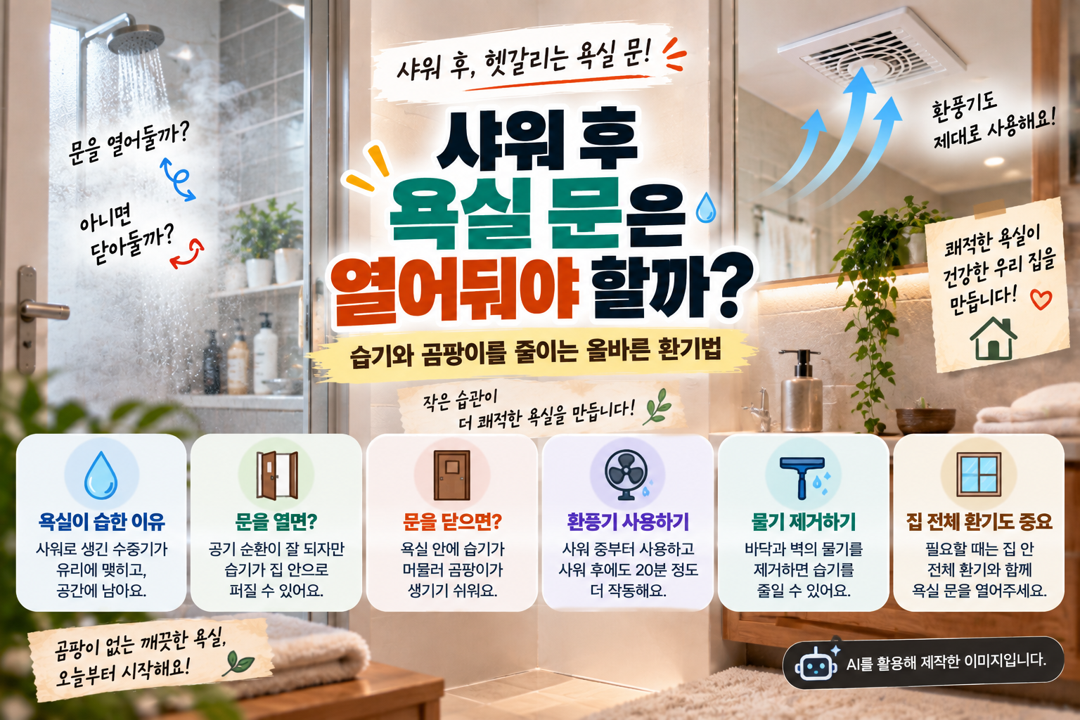 샤워 후 욕실 문과 환풍기를 이용해 습기와 곰팡이를 줄이는 환기 방법