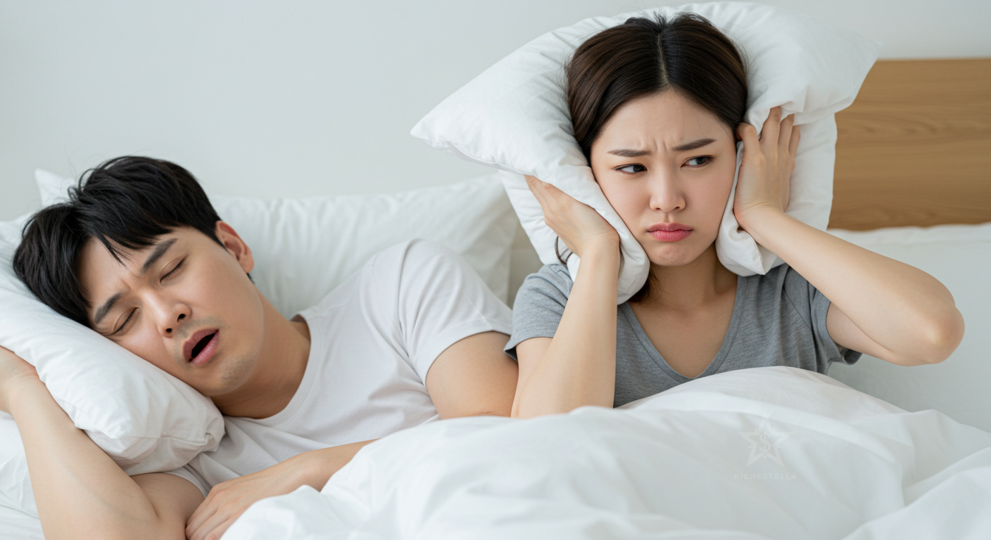 남편의 코골이에 괴로워 하는 아내가 베개로 귀를 막고 있다.