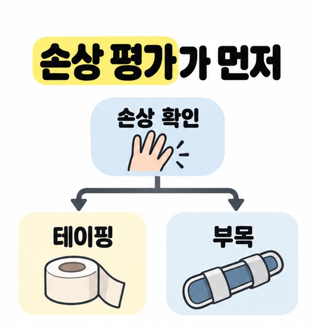 손상 확인에서 테이핑과 부목의 두 선택 영역으로 나뉘는 지지 방법 안내