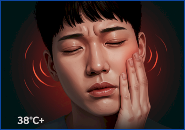 고열과 얼굴&amp;#44; 머리에 통증을 느끼는 인물을 통해 부비동염 등 심각한 질환을 암시하는 일러스트.