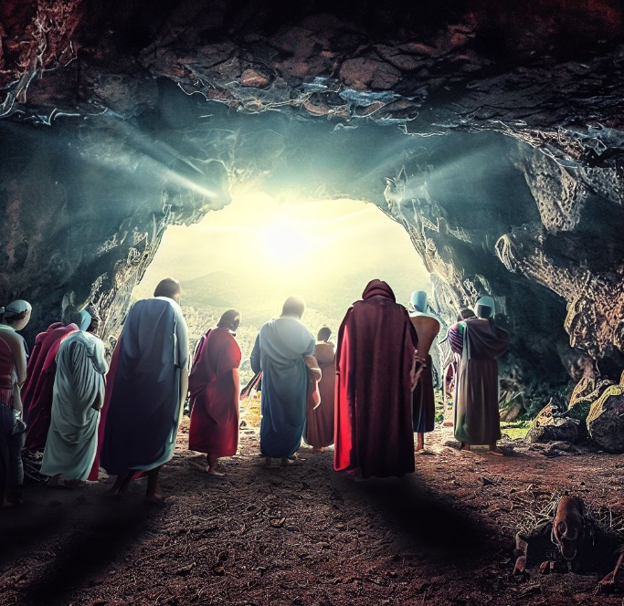 예수님의 부활을 보러 동굴에 간 제자들(made by Bing)