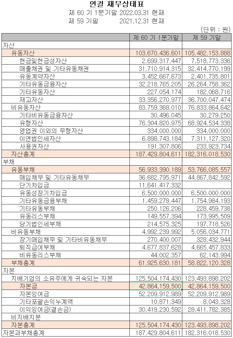 시그네틱스 - 재무상태표