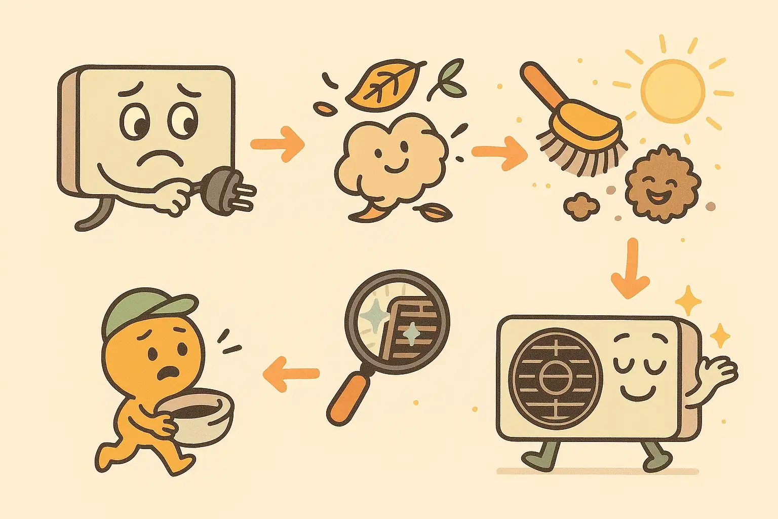 알록달록한 파스텔 배경 위, 실외기 청소 5단계가 감성적인 손그림 스타일로 표현된 순서도