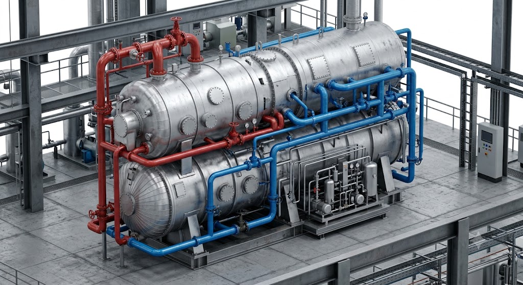 대형 열병합 플랜트 기계실 흡수식 냉동기(Absorption Chiller) 및 LiBr 용액 제어 3D 계통도