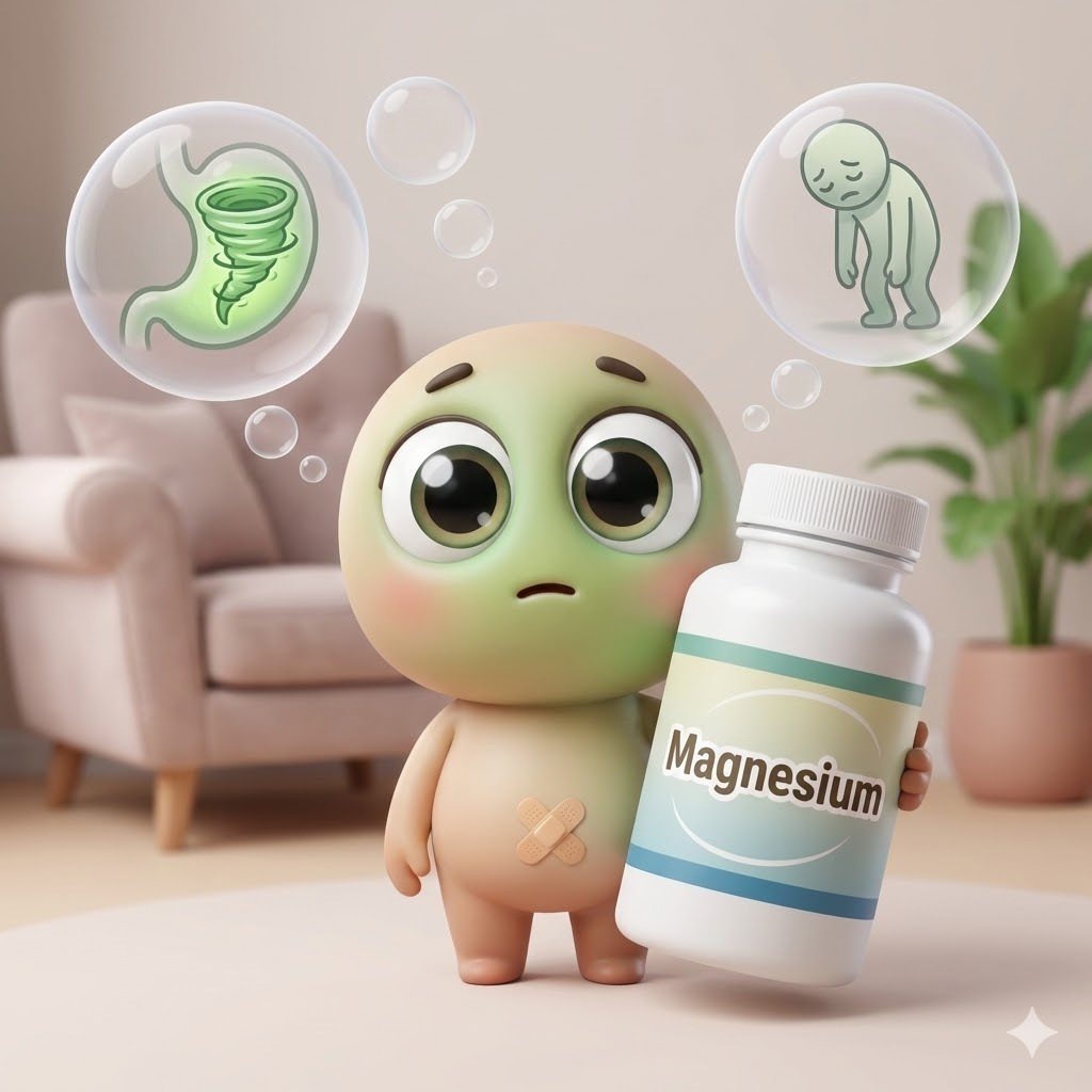 마그네슘 영양제 병을 들고 배탈이 난 듯한 표정의 귀여운 3D 카툰 캐릭터. 마그네슘 과다 섭취 부작용을 은유적으로 표현함.