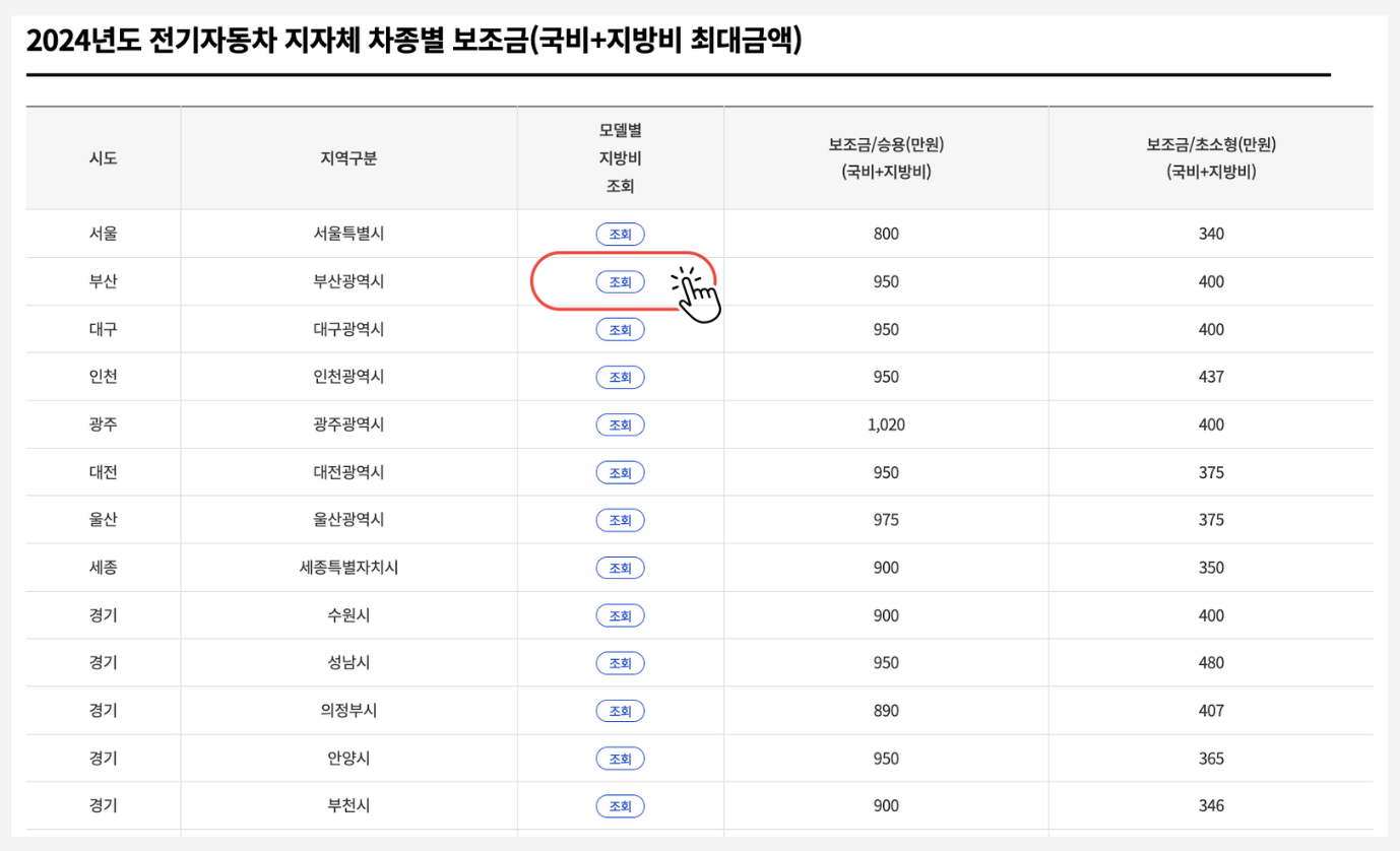 대구 지자체 보조금 2024 지자체 차종별 보조금 금액