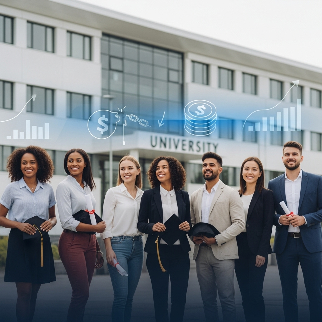 2025년 학자금 대출 금리 인하 및 상환 유예 정책으로 미소를 되찾은 학생들의 모습.