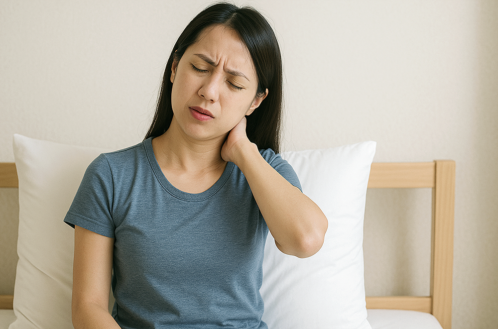 뒷목을 잡고 통증을 느끼는 여성의 이미지 입니다.