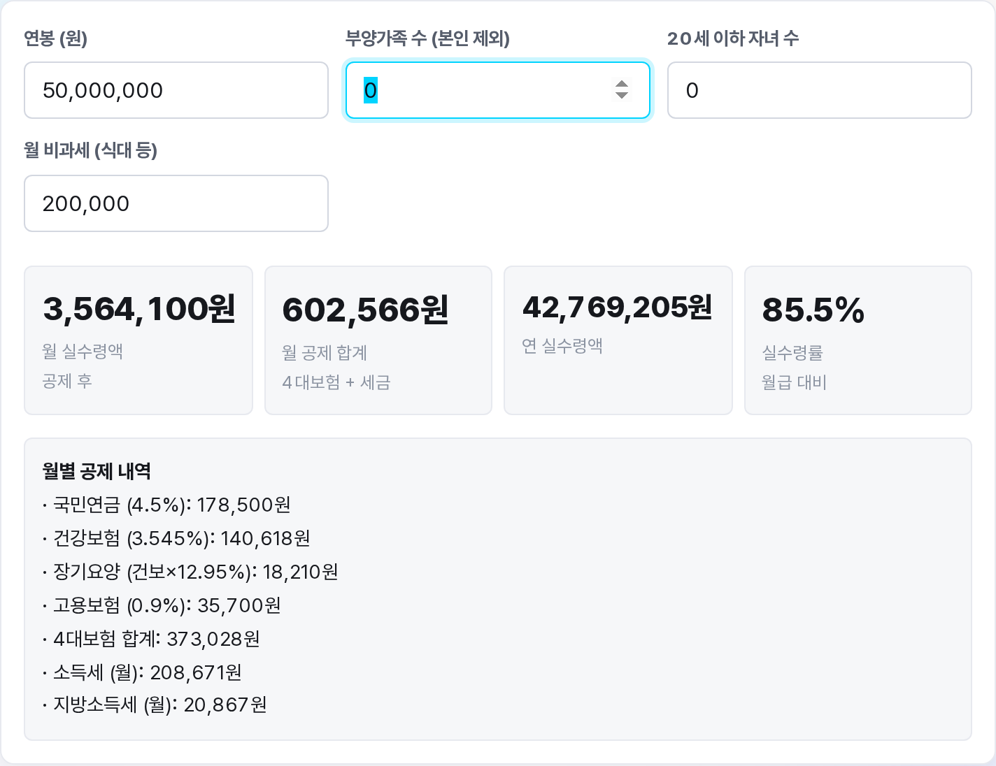 연봉 5천만원 입력 시 월 실수령 356만원 결과 화면 - 4대보험&middot;세금 항목별 표시