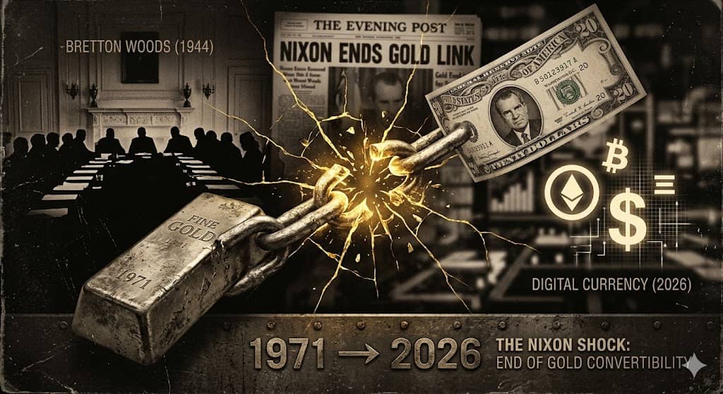 파일명: nixon_shock_1971_gold_standard_end_dollar_fiat_currency_bretton_woods.jpg Alt 태그: 닉슨쇼크 1971년 금본위제 폐지 달러 기축통화 브레튼우즈 역사 화폐 신뢰 붕괴 2026