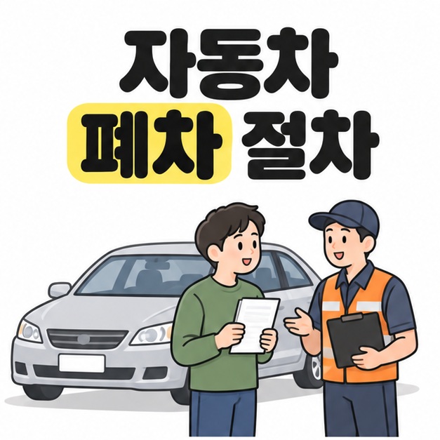 자동차 폐차 절차라는 제목 아래 승용차 옆에서 서류를 든 차주가 작업 조끼를 입은 담당자와 상담하는 모습