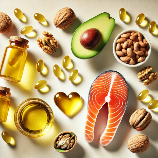 오메가3 캡슐과 연어&middot;아보카도&middot;견과류 등이 포함된 건강 식단 이미지
