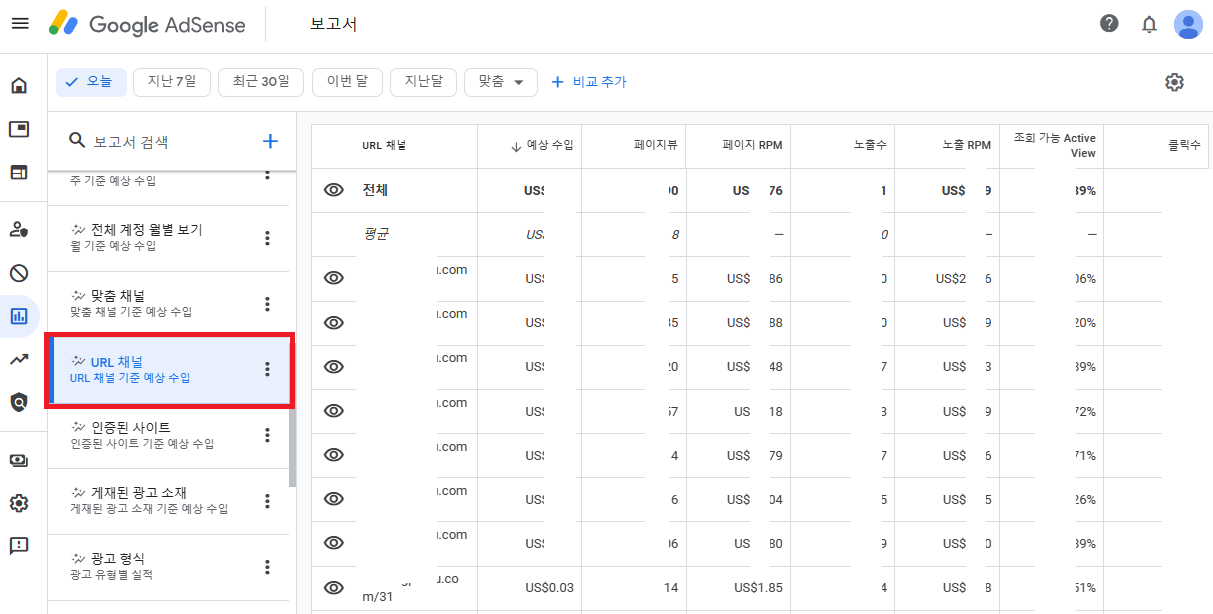 애드센스 보고서 > URL 채널