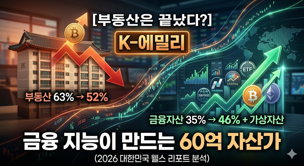 K-에밀리 신흥 부자 특징, 하나은행 웰스 리포트 부동산 비중 감소 및 금융자산/가상자산 비중 증가 데이터 분석, 비트코인 투자 및 금융 지능(FQ)의 중요성을 담은 블로그 썸네일 이미지.