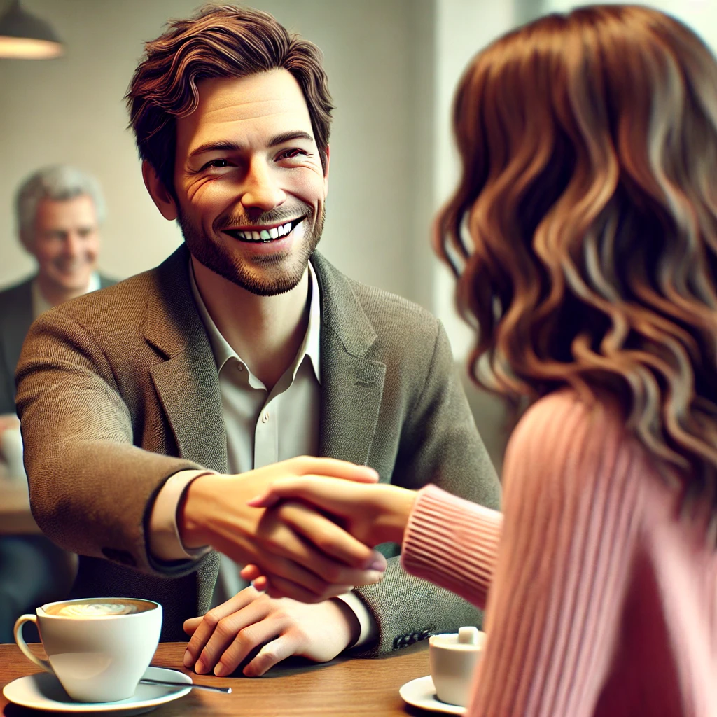 처음 만난 남녀가 카페에서 반갑게 인사하며 미소를 짓는 모습