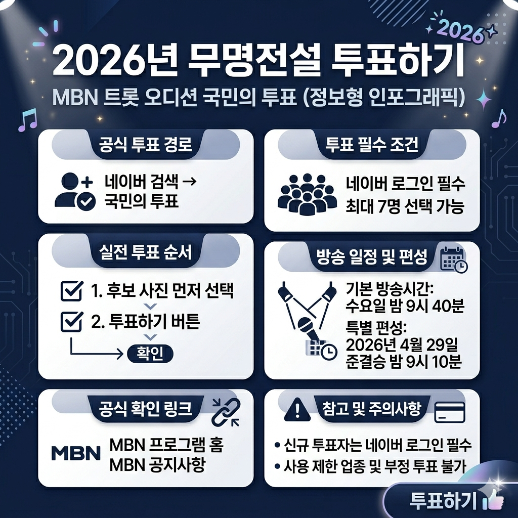 무명전설 투표하기 네이버 국민의 투표 참여법, 최대 7명 선택, 최신 방송시간 확인 인포그래픽