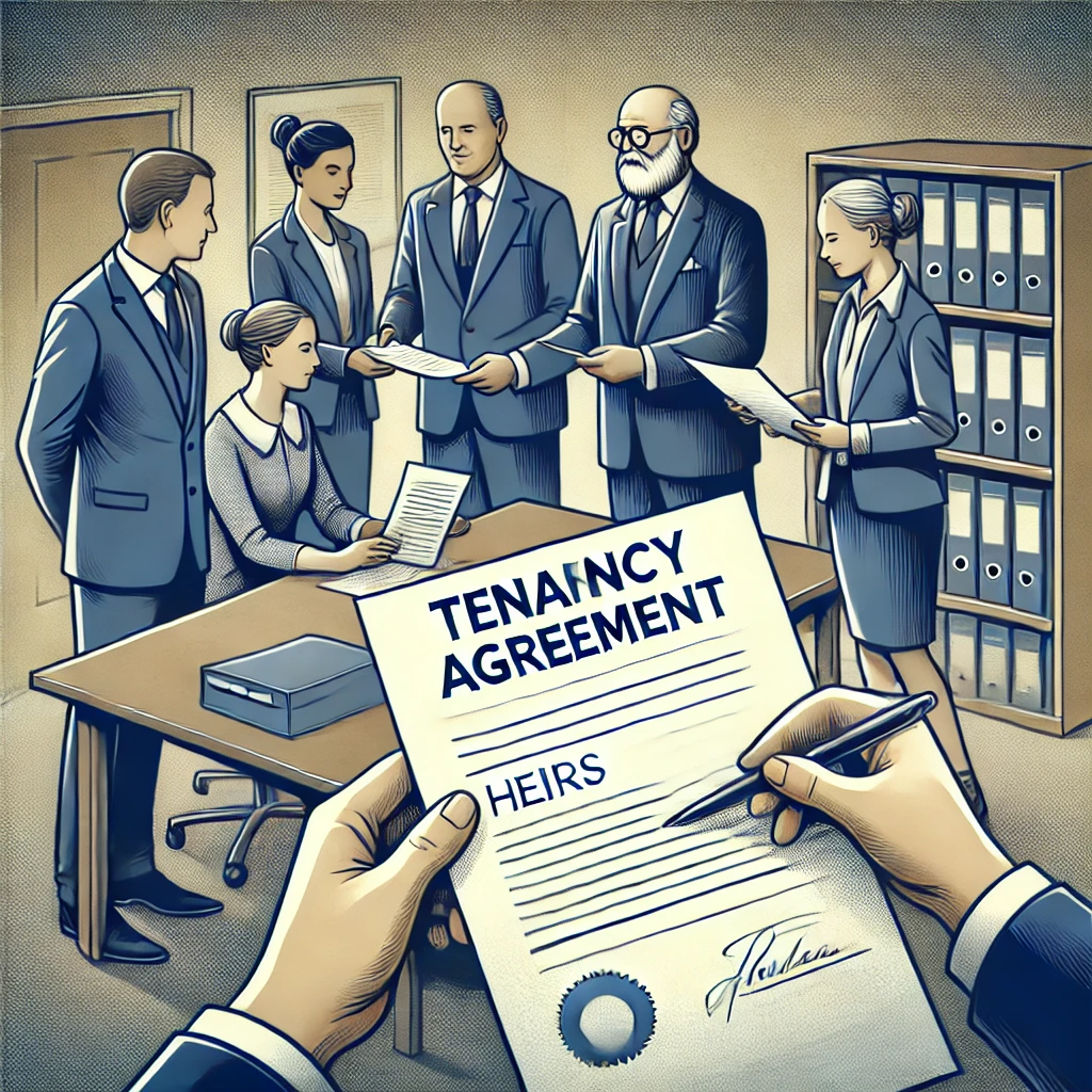 법률 사무실에서 상속인들이 '임대차계약서'라고 적힌 문서를 전달받는 장면을 묘사한 그림으로, 전문적이고 공식적인 분위기가 강조되었습니다.