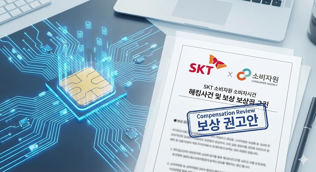 SKT 유심 해킹 사태와 소비자원 보상 권고안을 표현한 이미지.