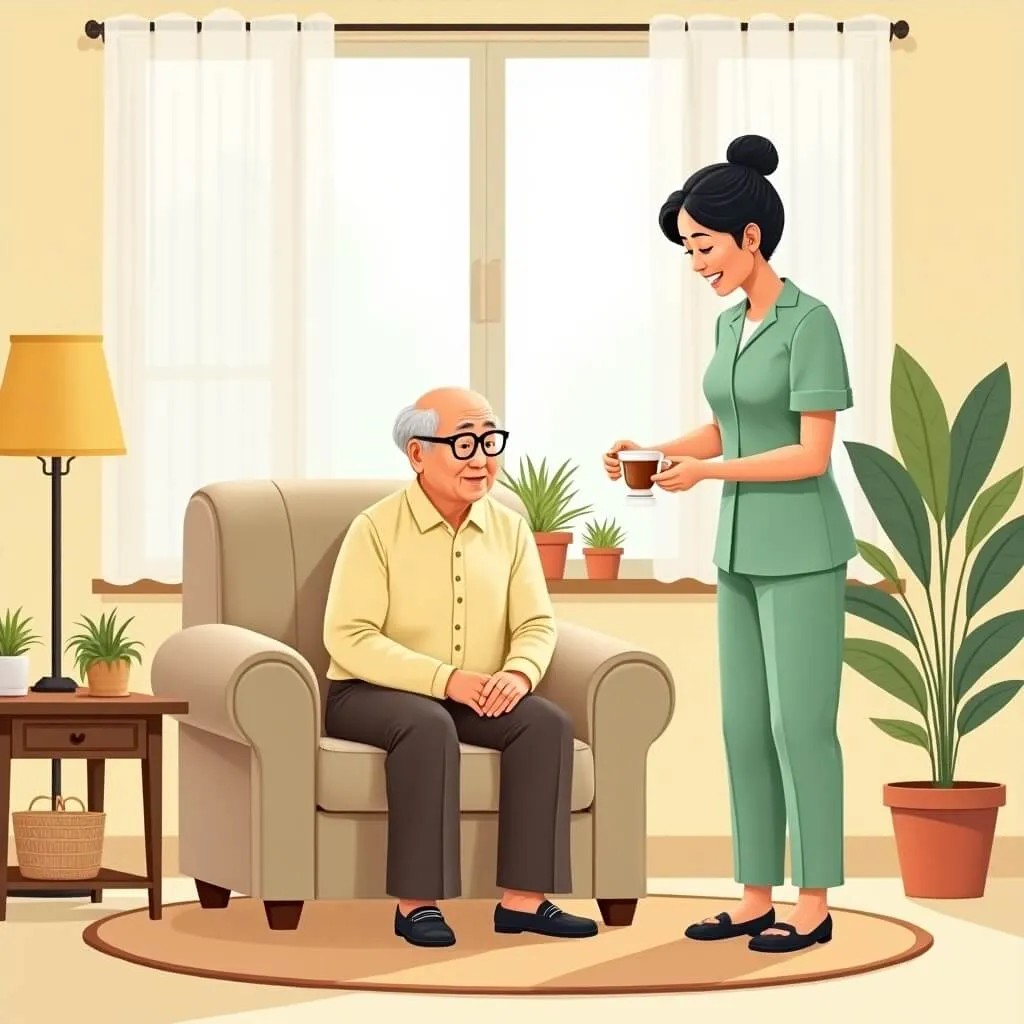 노인장기요양보험 재가급여 중 방문요양 서비스를 설명하는 이미지. 밝은 베이지 톤의 거실에서 편안한 소파에 앉아 있는 할아버지에게 민트 그린 유니폼을 입은 젊은 여성 요양보호사가 미소 지으며 따뜻한 차를 대접하는 장면을 담은 2D 일러스트. 큰 창문으로 부드러운 햇빛이 들어오고 화분 식물과 나무 커피 테이블이 배치된 아늑한 가정 환경. 노인장기요양보험의 재가급여가 익숙한 집에서 제공되는 전문 돌봄 서비스임을 시각적으로 전달함