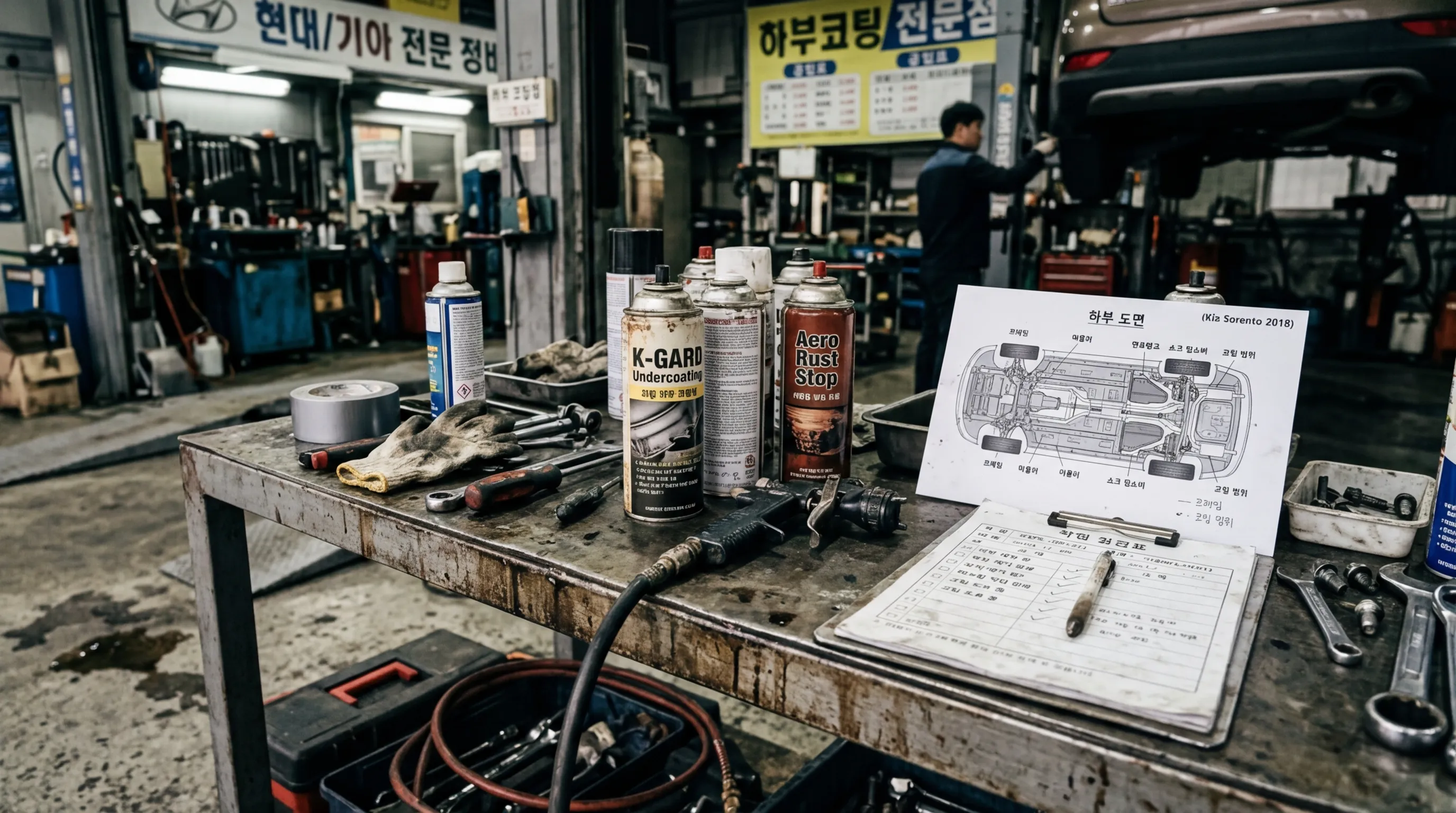 언더코팅 재료와 견적표를 보는 장면