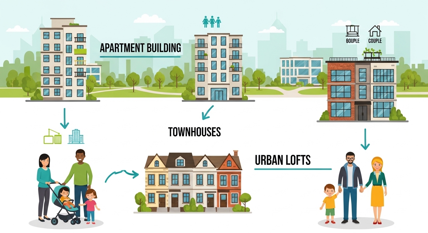 다양한 주택 유형(아파트, 타운하우스, 도시형 생활주택)을 보여주는 인포그래픽. 젊은 부부와 가족들이 각 주택 유형에 연결되어 있어 주택 공급 옵션과 대상자를 명확히 설명함.
