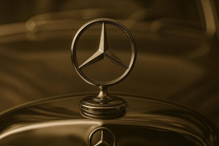 고전 보닛 위 삼각별 엠블럼 근접 촬영