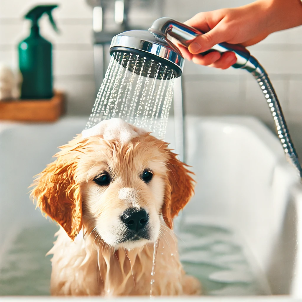 강아지 목욕 – 보호자가 따뜻한 물로 샴푸 거품을 헹궈주는 모습