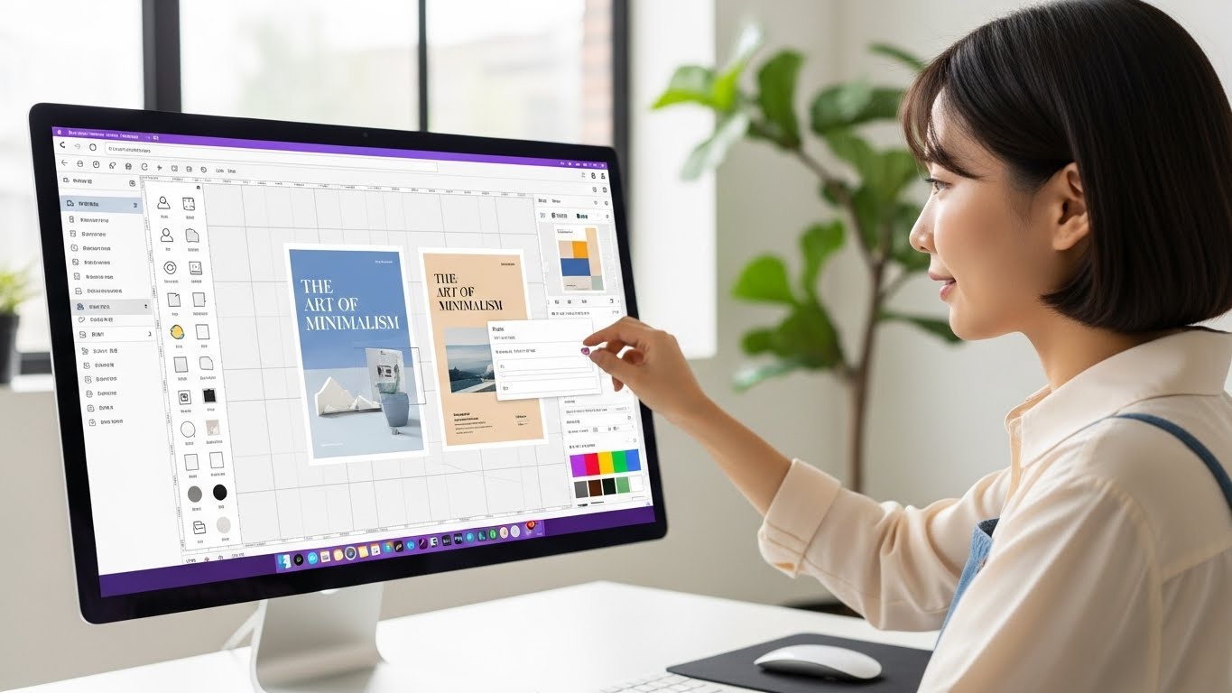 디자인 툴을 활용하여 전문가 수준의 세련된 전자책 표지를 직접 디자인하고 있는 한국인의 모니터 화면