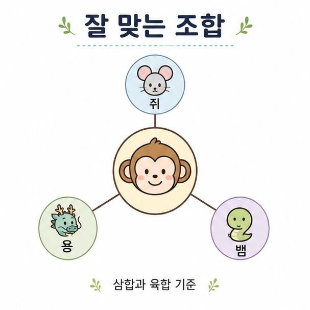 원숭이띠와 어울리는 조합 도해, 원숭이를 중심으로 쥐와 용, 뱀을 선으로 연결한 그림