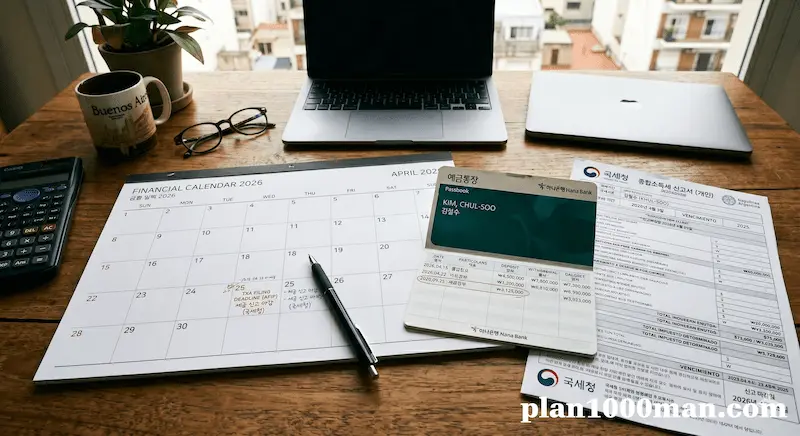 금융 달력과 예금통장, 세금 계산서 인포그래픽