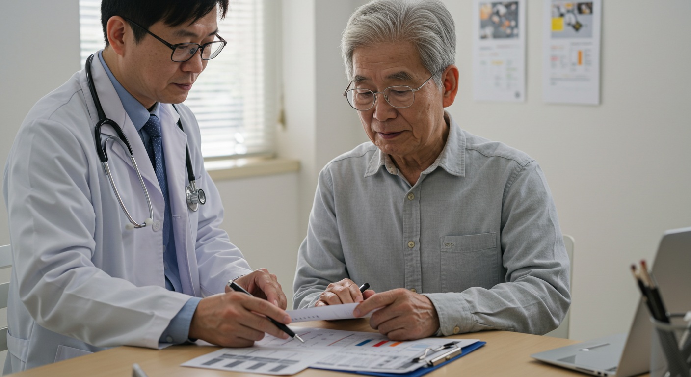건강검진 결과지를 함께 보며 상담하는 의사와 노인 환자