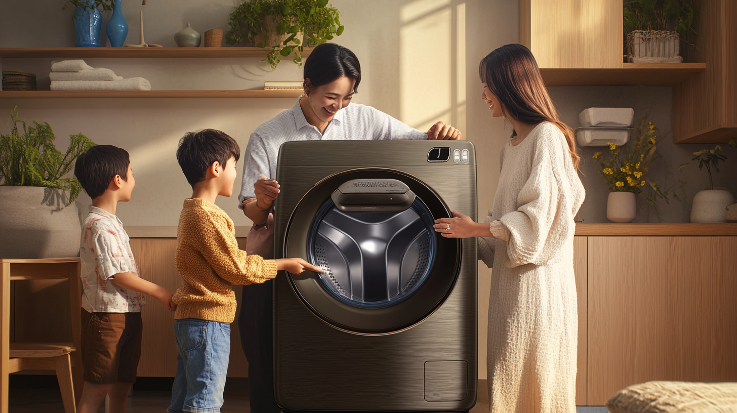 삼성 세탁기와 편안하게 상호작용하는 가족의 모습, 대용량 드럼과 모든 가정 사용자를 고려한 인체공학적 디자인을 강조하는 이미지.