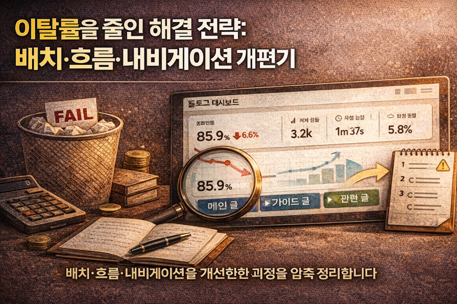 이탈률을 줄이기 위해 배치&middot;흐름&middot;내비게이션을 개편한 블로그 대시보드 대표 이미지, 이탈률 지표와 콘텐츠 구조 개선 전략 시각화
